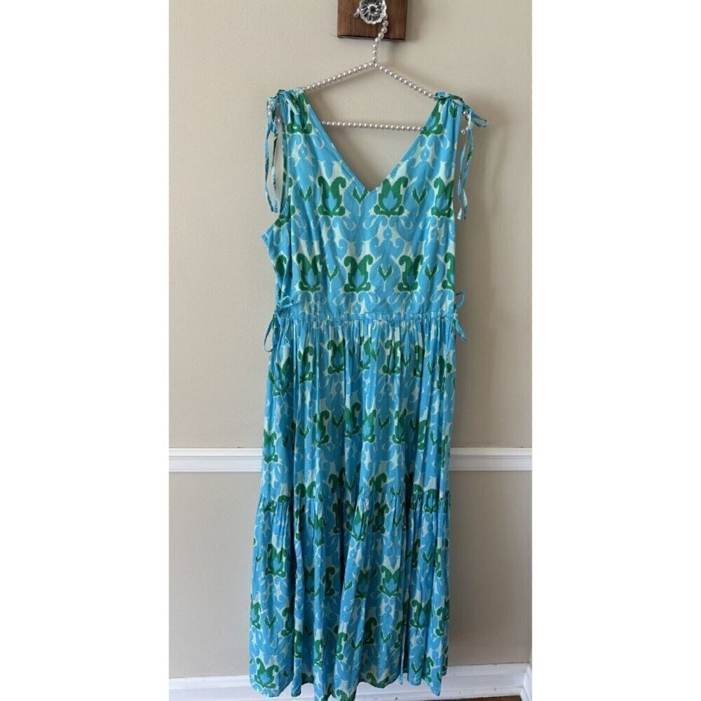 NWT Talbots Womens Size 16 Blue Green Maxi Dress Ikat Print Sleeveless Cotton